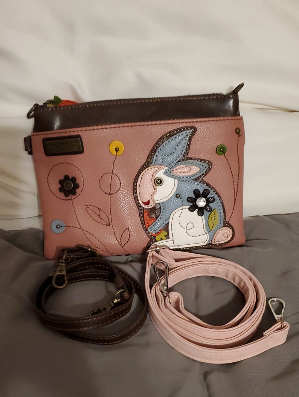 Pink Bunny Crossbody Bag with Floral Applique - Charming Women's Purse